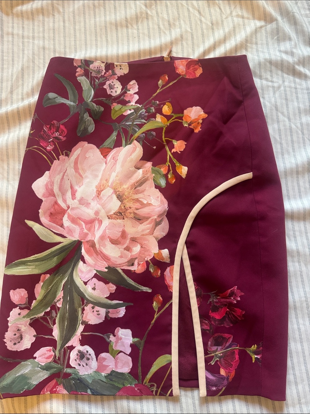 Ted Baker Burgundy Floral Mini Skirt with Pink Trim